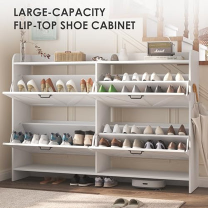 Shoe Cabinet with 4 Flip Drawers, Slim Narrow Shoe Storage Cabinet with Adjustable&Removable Shelves, Freestanding Wood Hidden Shoe Organizer for Entryway, Hallway (White)