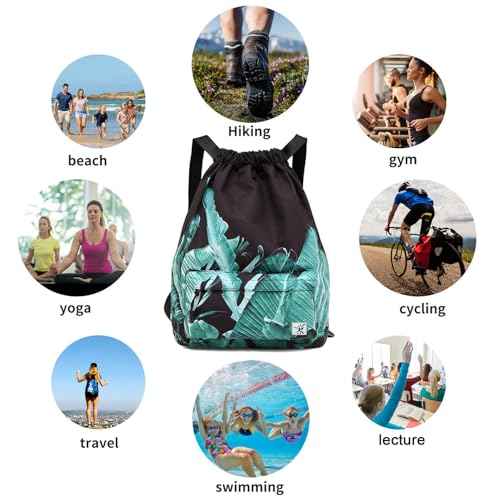 Waterproof Drawstring Bag, Gym Bag Sackpack Sports Beach Backpack for Men Women - color: 05-black Banana Leaves
