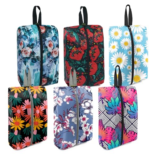 BeeGreen Shoe Bags 6 Pack Flower Design for Travel with Handle as Packing Organizers for Suitcase and Luggage | Portable Nylon Storage Accessories for Vacations, Essential Gifts for Women and Men - color: Pink, purple blue, light blue, orange red, gray b