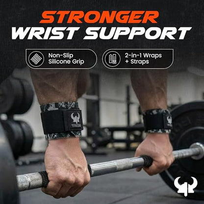 2-in-1 Heavy Duty Lifting Straps and Wrist Wraps, 18 Inch Non-Slip Grip