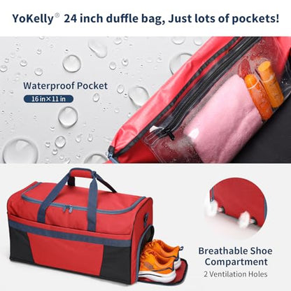 65L Gym Bag for Men, Wet Pocket, Shoe Compartment, 24 inch, Red | 8 Compartments / Pockets, Spacious, Large Sports Duffle Bag for Weekend Travel - color: Red