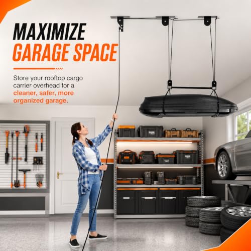 TRUSOON Cargo Box Hoist, Garage Pulley Lift System,150 lbs | For cargo box and kayak, 10-18 ft garage ceiling, 3-point stability, anti-scratch ring, heavy-duty steel