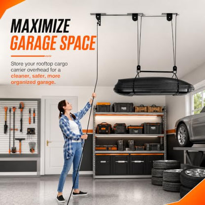 TRUSOON Cargo Box Hoist, Garage Pulley Lift System,150 lbs | For cargo box and kayak, 10-18 ft garage ceiling, 3-point stability, anti-scratch ring, heavy-duty steel