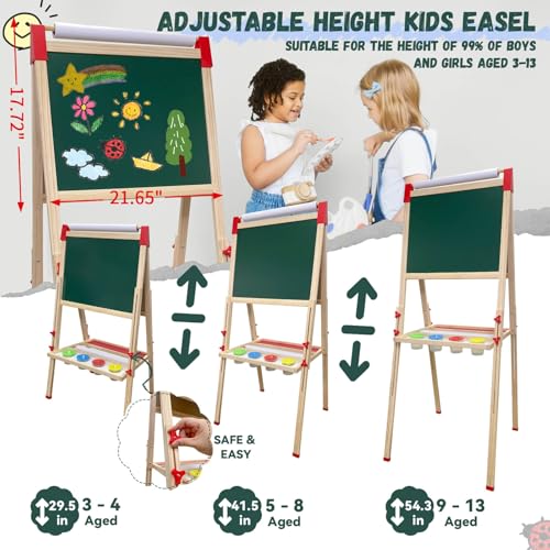 Adjustable Wooden Art Easel for Kids,Double Sided Chalkboard & Whiteboard | Drawing & Painting Station with 114+ Art Supplies,Height Adjustable Magnetic Board for Toddlers Ages 3-12,2 Paper Rolls - color: green
