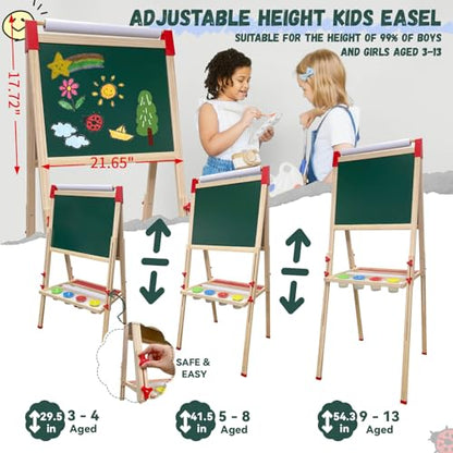 Adjustable Wooden Art Easel for Kids,Double Sided Chalkboard & Whiteboard | Drawing & Painting Station with 114+ Art Supplies,Height Adjustable Magnetic Board for Toddlers Ages 3-12,2 Paper Rolls - color: green