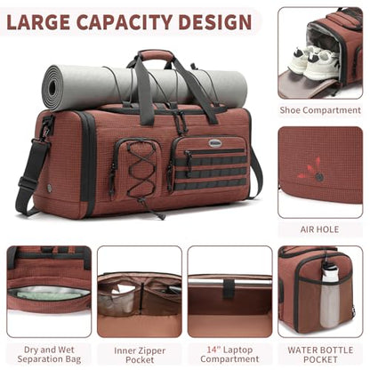 Bosstin Gym Bag for Men & Women,45L Travel Duffle Sports Duffel Bag Gym Weekender Overnight Backpack with Shoe Compartment (COFFEE CHECKERED) - color: COFFEE CHECKERED