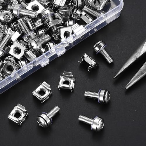 110 Pcs/55 Set Rack Mount Screws and Cage Nuts for Server Cabinet Cage Nuts & Mounting Screws Washer, Carbon Steel Racks Screw for Rack Mount Server Shelves Cabinet - color: silver