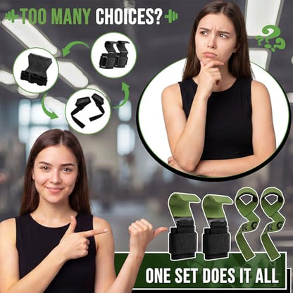 Weight Lifting Hooks & Wrist Straps Set Adjustable Wrist Wraps 2 in 1 Lifting Hooks with Anti-Slip Grip for Weightlifting, Deadlifts, Powerlifting, Gym Straps for Men and Women - color: Green