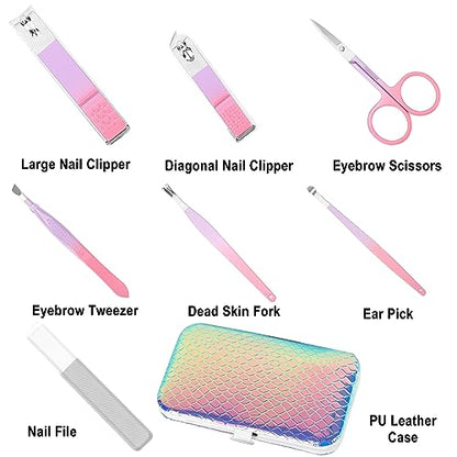 Women's Nail Clipper Set Travel Manicure Kit with Glass Nail File Stainless Steel Nail Clippers Case Nail Grooming Kit Gift - color: Mermaid Color