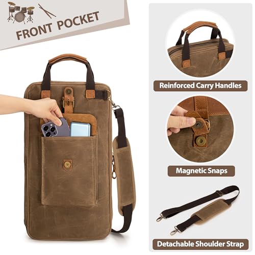 Damero Waxed Canvas Drum Stick Bag with Hanging Hooks and Shoulder Strap | Mallets Percussion Bag with Top Padded Handles, Stick Bag for Drumsticks and Mallets for Drummers, Beginners in Band, Gig