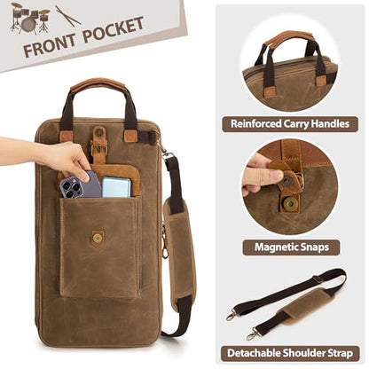 Damero Waxed Canvas Drum Stick Bag with Hanging Hooks and Shoulder Strap | Mallets Percussion Bag with Top Padded Handles, Stick Bag for Drumsticks and Mallets for Drummers, Beginners in Band, Gig