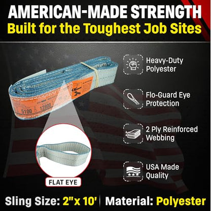 Chenango Supply Eye & Eye 2 Ply Rigging DD Slings | USA-Made, Heavy Duty, Marine Flo Guard Polyester, for Lifting & Material Handling (Multiple Sizes and Capacities) - size: 2" x 10'
