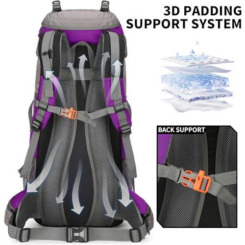 70L Camping Hiking Backpack with Rain Cover Waterproof Backpacking Backpack for Hiking Treeking Climbing Outdoor - color: Purple
