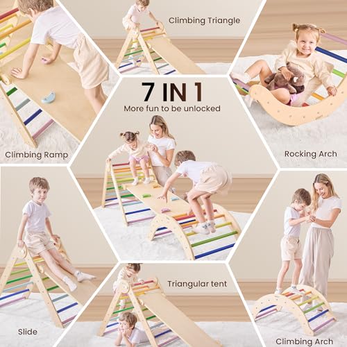 Belleur Pikler Triangle Set, 7-in-1 Foldable Climbing Toys for Toddlers 1-6 Years Old, Wooden Montessori Climbing Set with Arch, Ramp & Ladder, Baby Indoor Climber Jungle Gyms - Rainbow - color: Rainbow