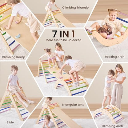 Belleur Pikler Triangle Set, 7-in-1 Foldable Climbing Toys for Toddlers 1-6 Years Old, Wooden Montessori Climbing Set with Arch, Ramp & Ladder, Baby Indoor Climber Jungle Gyms - Rainbow - color: Rainbow