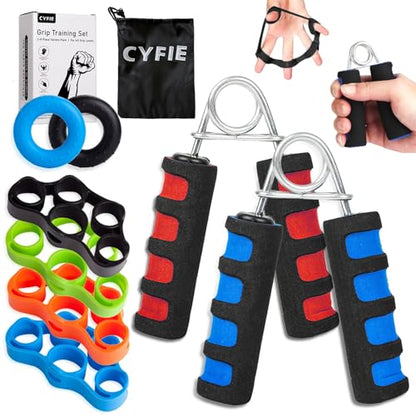 CYFIE Hand Grip Strengthener Set 8 Pack, 2 Foam Grippers, 4 Finger Exercisers, 2 Grip Rings, Wrist Forearm Exerciser for Hand Strength, Finger Strength, Physical Therapy & Stress Relief