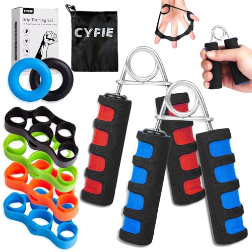 CYFIE Hand Grip Strengthener Set 8 Pack, 2 Foam Grippers, 4 Finger Exercisers, 2 Grip Rings, Wrist Forearm Exerciser for Hand Strength, Finger Strength, Physical Therapy & Stress Relief
