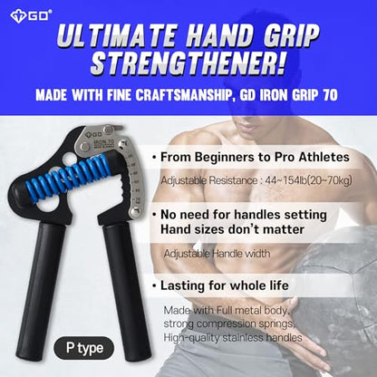 GD IRON GRIP 70 Grip Strength Trainer Hand Gripper Forearm Strengthener | Adjustable 44~154lbs Resistance, hand finger exerciser, forearm trainer squeezer, hand strengthening devices, Metal Hand Grip