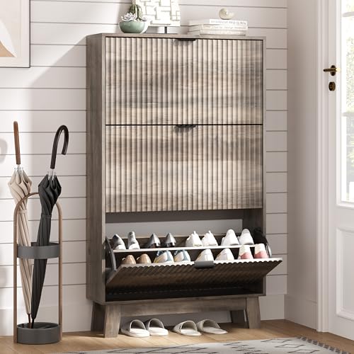 Shoe Cabinet Storage for Entryway with 3 Flip Drawers, Fluted Narrow Shoe Organizer with Wooden Legs, Freestanding Slim Shoe Storage Hidden Shoe Rack Organizer for Front Door Entrance, Hallway, Grey - color: Grey, size: 3 Drawer