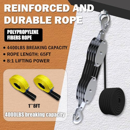 YATOINTO Rope Hoist Pulley System with Metal Bearing, 4400LB Pulley Block and Tackle, 8:1 Lifting Power 65ft, Heavy Duty Pulley Block for Hunting Lifting Garage Warehouses Building (with 2PCs Straps) - size: 4 Pulley+2 straps