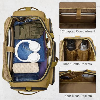 G4Free 3-in-1 Travel Duffle Bag for Men and Women, 50L Large Gym Sports Bags Tactical Military Duffle Backpack with Shoes Compartment and Wet Pocket (Khaki) - color: Khaki
