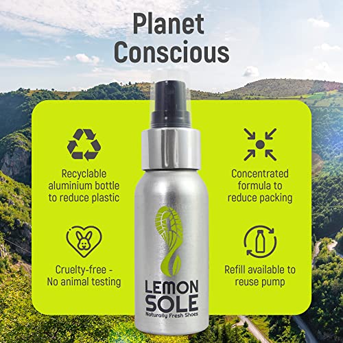 NATURAL SHOE FRESHENER & DEODORISER, Freshening Shoe Spray with 6 Powerful Essential Oils for Long-Term Odour Control, Designed for Sports, Fresh Lemon Scent.