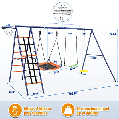 Swing Set for Backyard 550lbs - 6 in 1 Playground Sets for Backyards Safe Platform Swing for Kids Outdoor Heavy Duty Metal Frame with 3 Adjustable Swings Climbing Net Climbing Ladder Basketball Hoop