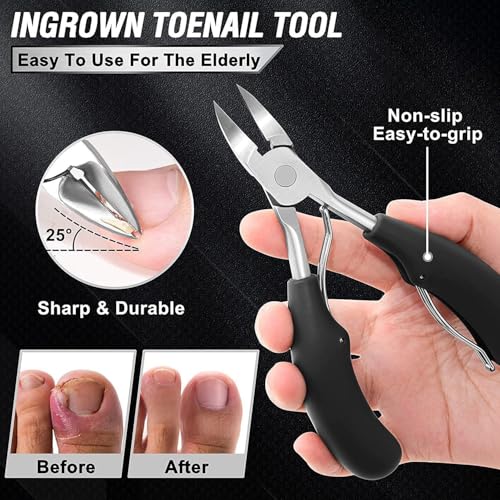 5Pcs Ingrown Toenail Removal Kit, Thick Toenail Clippers for Seniors, Heavy Duty Toenails Clippers for Men, Slanted Nail Clipper with Long Handle, Angled Head Toe Nail Clipper Senior Gift (Silver) - size: 5Pcs Nail Clippers Set-silver