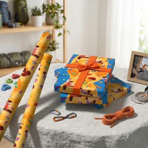 Liobelon Rock Climbing Wrapping Paper Roll – 17" x 16.5 Ft Climbing Gear Gift Wrap with Climbers, Carabiner, Rope & Chalk Bag, Bouldering Birthday Supplies for Outdoor Adventurers - color: Rock Climbing