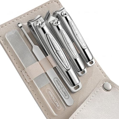 Nail Clippers for Men, 5pcs Professional Manicure Set with Sharp Slanted German Clippers, Stainless Steel Travel Pedicure Tools for Precise Hand Foot and Nail Grooming in Portable Leather Case