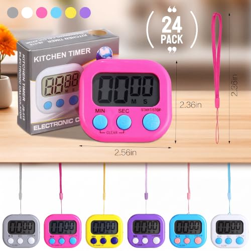 Leumoi 24 Packs Small Digital Kitchen Timer for Classroom with Lanyards Magnetic Back and Switch Minute Second Count up Countdown Big LCD Display Loud Alarm for Teacher Cooking Baking, Colorful