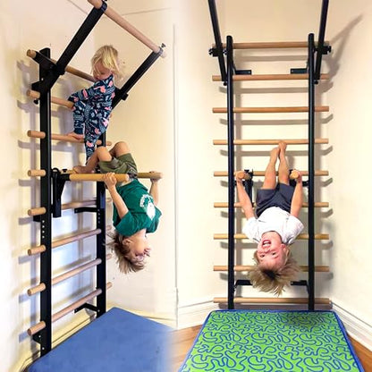 Stall Bars, Swedish Ladder for Adult and Kids, Wall Bar with Solid Beech Wood Rods, Durable Steel Frame, Adjustable Pull Up and Dip for Strength, Flexibility at Home Gym, Studio - color: Black