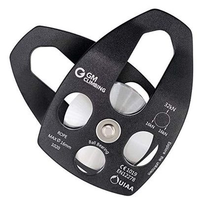 GM CLIMBING Large Rescue Pulley 32kN Single Sheave with Swing Plate CE UIAA Certified - color: Black | 1 Pack