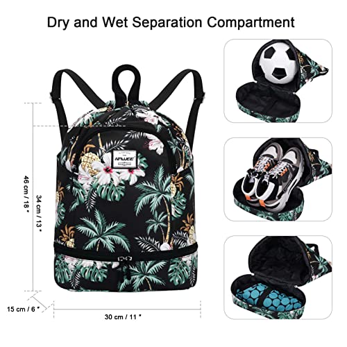 Dry Wet Drawstring Backpack with Shoe Compartment for Women Adjustable Gym Bag - color: Coconut Palm