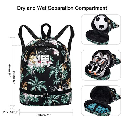 Dry Wet Drawstring Backpack with Shoe Compartment for Women Adjustable Gym Bag - color: Coconut Palm