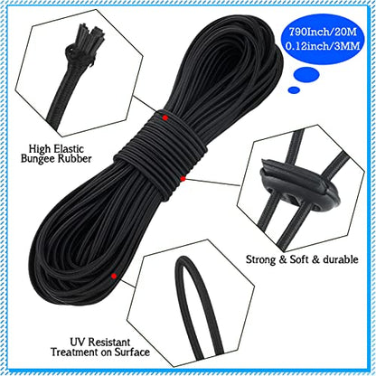 Patelai 50 Pieces Cord Locks Spring Toggles Stoppers Plastic Single Hole End Stopper Slider and 1/8 Inch 66 Feet Elastic Bungee Cord for Drawstring Shoelaces Clothing Bags(Black, Mixed Style) - size: Black, style: Mixed Style