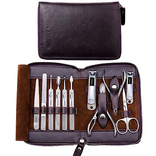 FAMILIFE Manicure Set, Nail Clippers Set Professional Manicure Kit 11 in 1 Stainless Steel Pedicure Tools Nail Kit Mens Grooming Tool with Portable Leather Travel Case Dark Violet Birthday Gifts - color: Purple