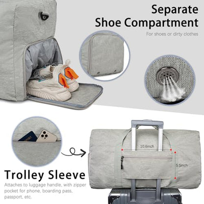 65L Foldable Duffle Bag with Shoe Compartment - Large Travel Duffel Bag for Men & Women, Packable Weekend Bag with Trolley Sleeve, Water-Resistant & Lightweight Gym Bag for Travel, Sports（Beige） - color: Beige