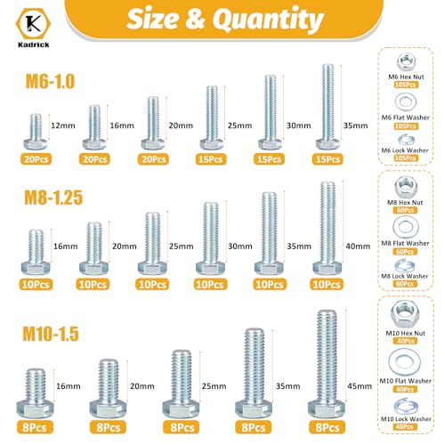 Kadrick 820Pcs Metric Bolt Assortment,Grade 8.8 M6 M8 M10 Hex Heavy Duty Bolts and Nuts Kit,M6-1.0 M8-1.25 M10-1.5 (12mm to 45mm),Eco-Friendly Zinc Plated - size: 820Pcs M6-M10 HEX White Blue