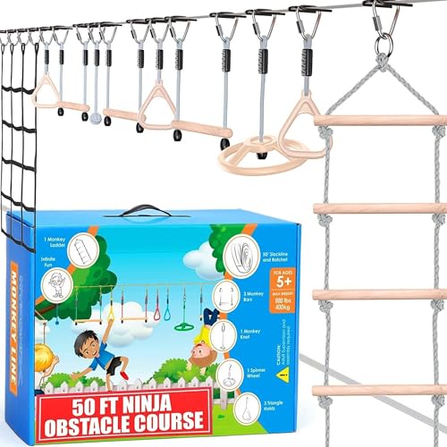 Hyponix Ninja Warrior Obstacle Course for Kids – 2 x 50 ft Slackline with 10 Outdoor Ninja Obstacles, Supports 880lbs – Monkey Net, Ratchet-Tight Tech, Climbing, Swinging & Balance Training, Ages 3+ - color: Grey, size: 2 x 50' + 10 Obstacles