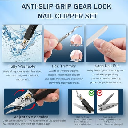Black Anti-Slip Grip Gear Lock Nail Clipper, Anti-Slip Grip Gear Lock Nail Clipper Set with Ultra-Sharp Tips for Thick and Ingrown Nails (Black)