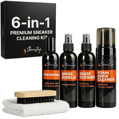Shoe Cleaner Kit with Foam & All Fabric Cleaner, Shoe Shield Liquid, Deodoriser, Brush & Towel. Suitable for all types Suede, Sneakers, Canvas, Leather, Mesh, Woven, Knitted Shield,