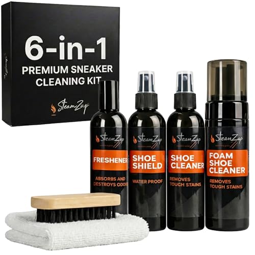Shoe Cleaner Kit with Foam & All Fabric Cleaner, Shoe Shield Liquid, Deodoriser, Brush & Towel. Suitable for all types Suede, Sneakers, Canvas, Leather, Mesh, Woven, Knitted Shield,