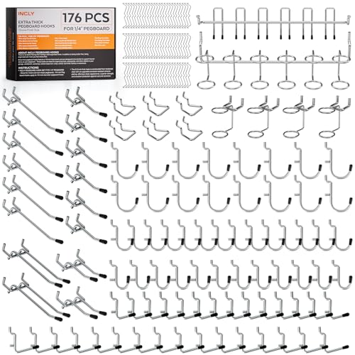 INCLY 176PCS Pegboard Hooks with Peg Locks, 1/4" Heavy Duty Metal | Peg Board Hooks Assortment, With Peg Locks, Pegboard Accessories Organizer Kit, For Garage Wall Organizer Hanging Tools - color: Silver