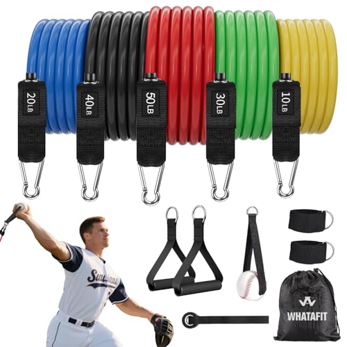 WHATAFIT Resistance Bands with Handles, 5-Level Exercise Bands for Workout | Natural latex,10-50 lbs, stackable to 150,Ankle Straps, Door Anchor,Guide. For Strength, Yoga,Home Gym,Travel & Workout. - color: 10-150LB colorful with baseball
