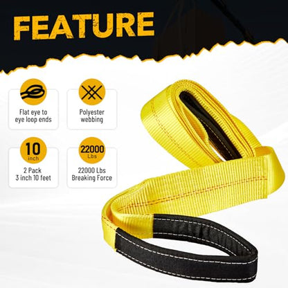Pindex 2 Pack 3" x 10' Web Lifting Sling 22000 Lbs Breaking Force 3500 Lbs Pulling Forces Lift Sling Straps for Rocks Trees Mowers Tool Boxes in Trailers Tractors Trucks, Yellow - size: 3 inch x 10 feet
