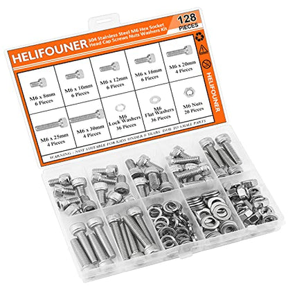 HELIFOUNER 128 Pieces M6 x 8mm /10mm /12mm /16mm /20mm /25mm /30mm, Hex Socket Head Cap Screws Bolts Washers Nuts Kit, 304 Stainless Steel - size: M6, style: Hex Socket Head Cap
