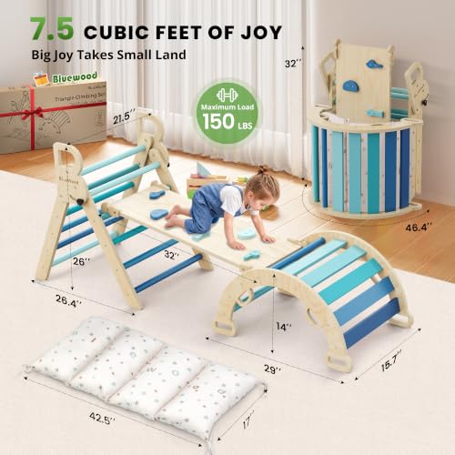 Pikler Triangle Set with Cushion, Wooden Climbing Toys for Toddler | Foldable 8-in-1 Montessori Philosophy Toddler Climbing Toys Indoor with Reversible Ramp, Arch and Ladder - Sky Blue - color: Sky Blue