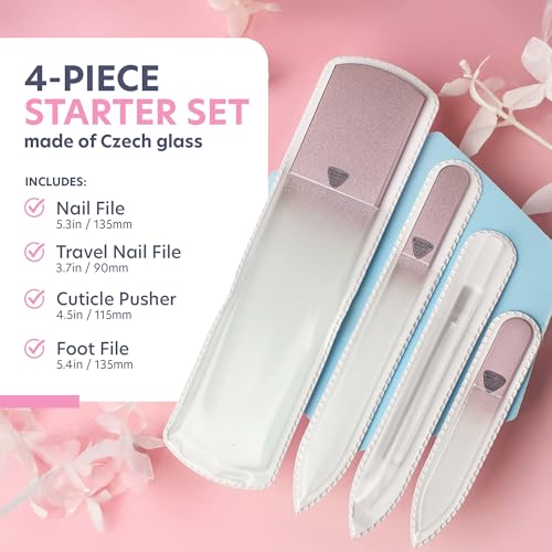 Bona Fide Beauty Czech Glass Gift Set: Foot File, Nail File, Cuticle Pusher | Rose color set: genuine Bohemian crystal glass set includes protective cases and sleeves. Reusable and easy to clean. - color: Rose Gold