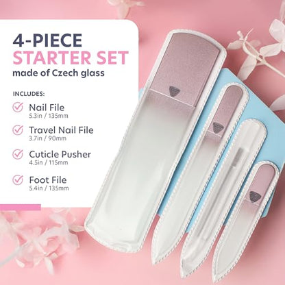 Bona Fide Beauty Czech Glass Gift Set: Foot File, Nail File, Cuticle Pusher | Rose color set: genuine Bohemian crystal glass set includes protective cases and sleeves. Reusable and easy to clean. - color: Rose Gold